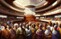 DALL·E 2023-12-03 09.11.31 – A digital painting of a diverse group of African parliament members in Kenya, defiantly wearing traditional African attires, surrounded by the modern